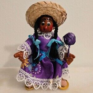 Vintage Mexican Folk Art Oil Cloth Peasant Doll